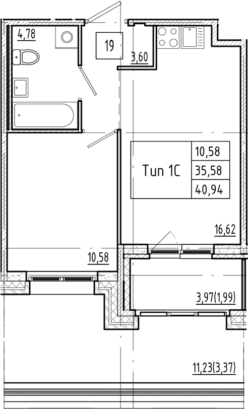 1-комнатная квартира 40.94 м², 2/4 эт., ЖК «Ranta Residence»